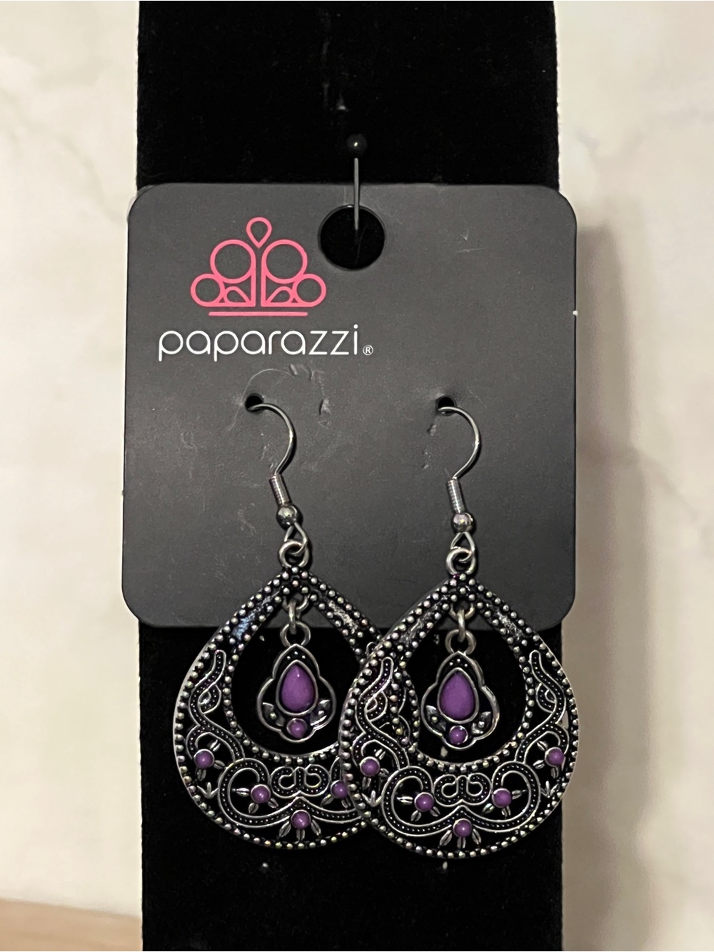 Paparazzi Purple Filigree Teardrop Earrings with Beaded Detail